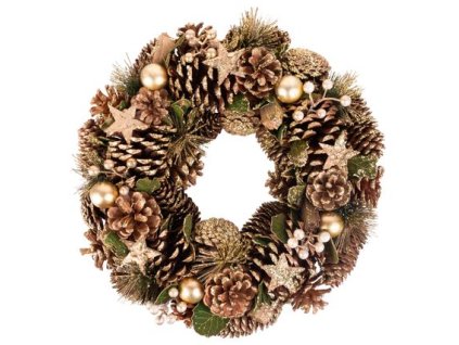 Veniec MagicHome Vianoce, prírodný, zlatý, 34 cm