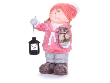 Postavička MagicHome Vianoce, Dievčatko s lampášom a sovičkou, keramika, 28x18,5x39,5 cm