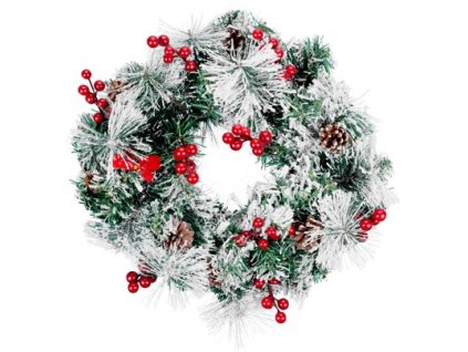 Veniec MagicHome Vianoce, prírodný, so šiškami, 20x LED, teplá biela, 3xAA, 8 funkcií, 30 cm