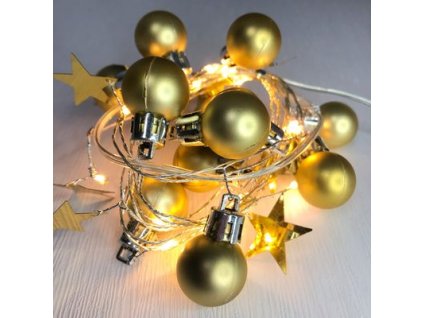 Reťaz MagicHome Vianoce Ball, 20x LED teplá biela, s guľami a hviezdami, zlatá, 2xAA, jednoduché svietenie, osvetlenie, L-1,9 m