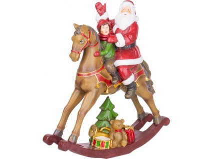 Dekorácia MagicHome Vianoce, Santa s chlapčekom na koni, polyresin, 28x10x30 cm