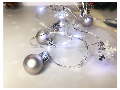 Reťaz MagicHome Vianoce Ball, 20x LED studená biela, s guľami a vločkami, strieborná, 2xAA, jednoduché svietenie, osvetlenie, L-1,9 m