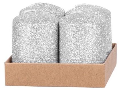 Sviečka MagicHome Vianoce, 4x6 cm, valcová, bal. 4 ks, strieborná, s glitrami, adventná