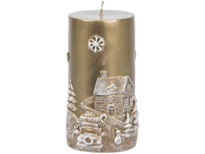 Sviečka MagicHome Vianoce, 7x12,5 cm, zlatá, s 3D krajinkou