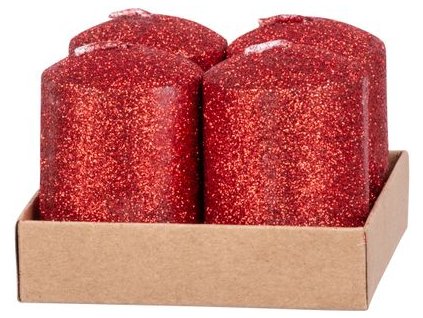 Sviečka MagicHome Vianoce, 4x6 cm, valcová, bal. 4 ks, červená, s glitrami, adventná