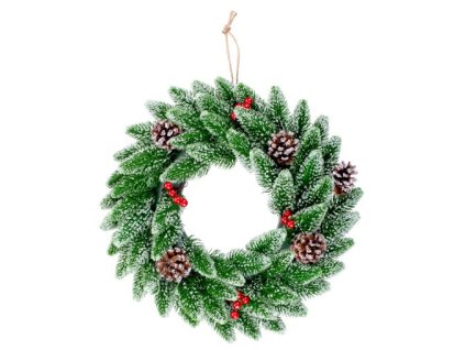 Veniec MagicHome Vianoce, s bobuľkami, prírodný, zasnežený, 33 cm