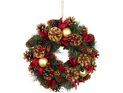 Veniec MagicHome Vianoce, prírodný, závesný, s červenými kvetmi, 30x8 cm