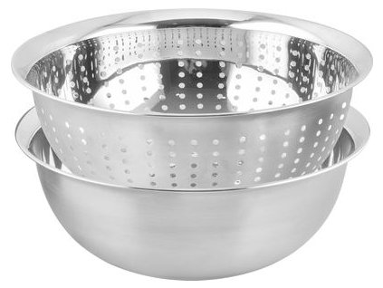 Cedník MagicHome, 26,5 cm, s miskou, okrúhle otvory, nerez