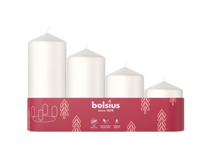 Sviečky Bolsius Pillar Advent, Vianoce, biele, 60/80/100/120x48 mm, bal. 4 ks