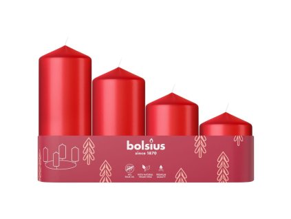 Sviečky Bolsius Pillar Advent, Vianoce, červené, 60/80/100/120x48 mm, bal. 4 ks