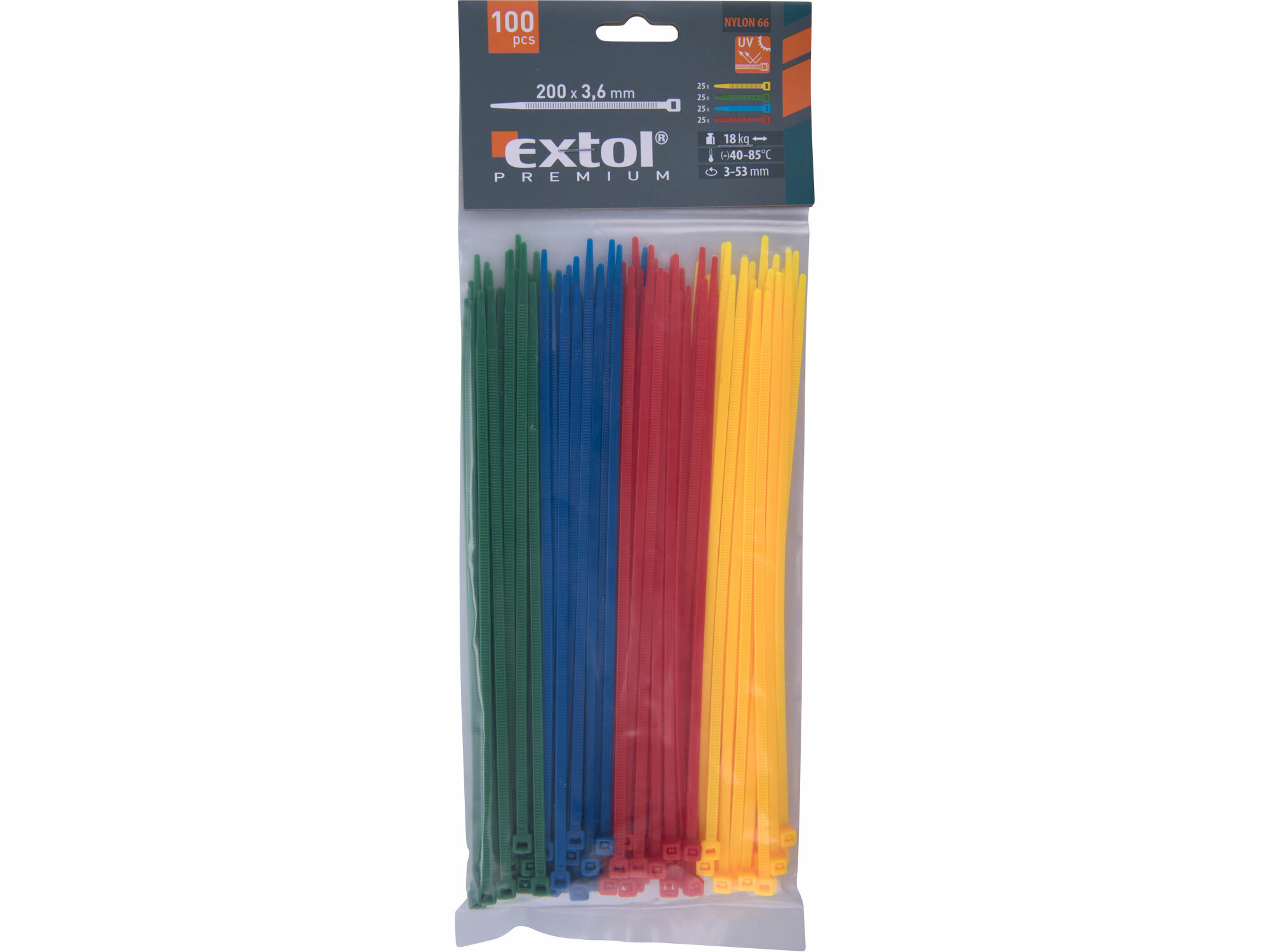 EXTOL PREMIUM 8856196 Pásky sťahovacie farebné 3,6x200mm, 100ks, Ø50mm, 18kg