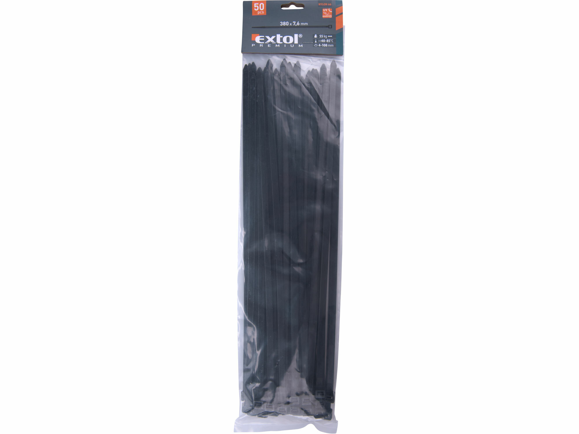 EXTOL PREMIUM 8856170 Pásky sťahovacie čierne, 7,6x380mm, 50ks, Ø100mm, 55kg