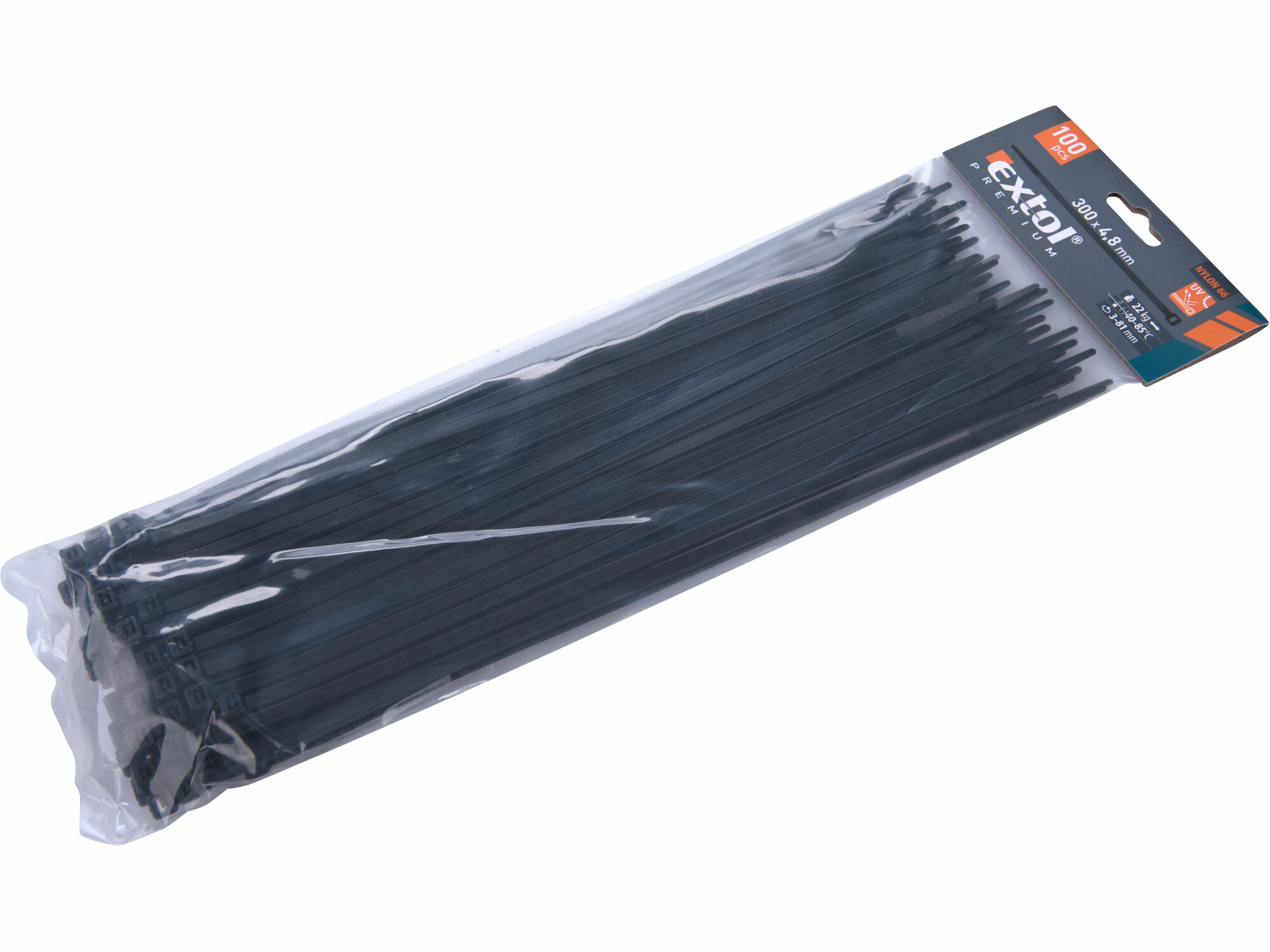 EXTOL PREMIUM 8856162 Pásky sťahovacie čierne, 4,8x300mm, 100ks, pr82mm, 22kg