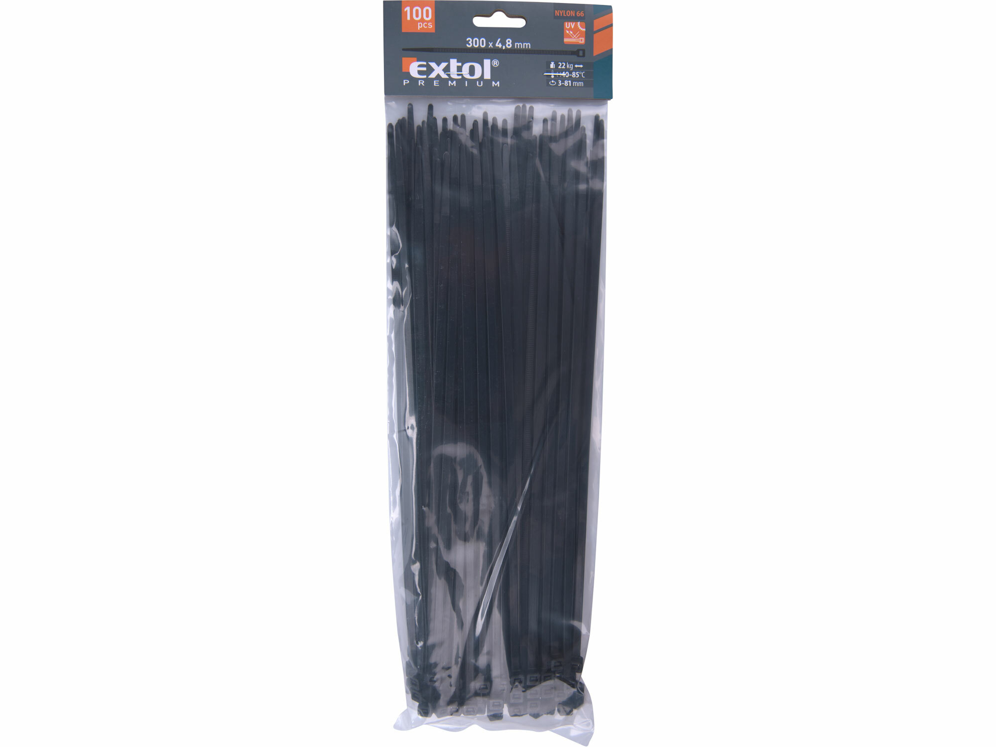 EXTOL PREMIUM 8856162 Pásky sťahovacie čierne, 4,8x300mm, 100ks, pr82mm, 22kg