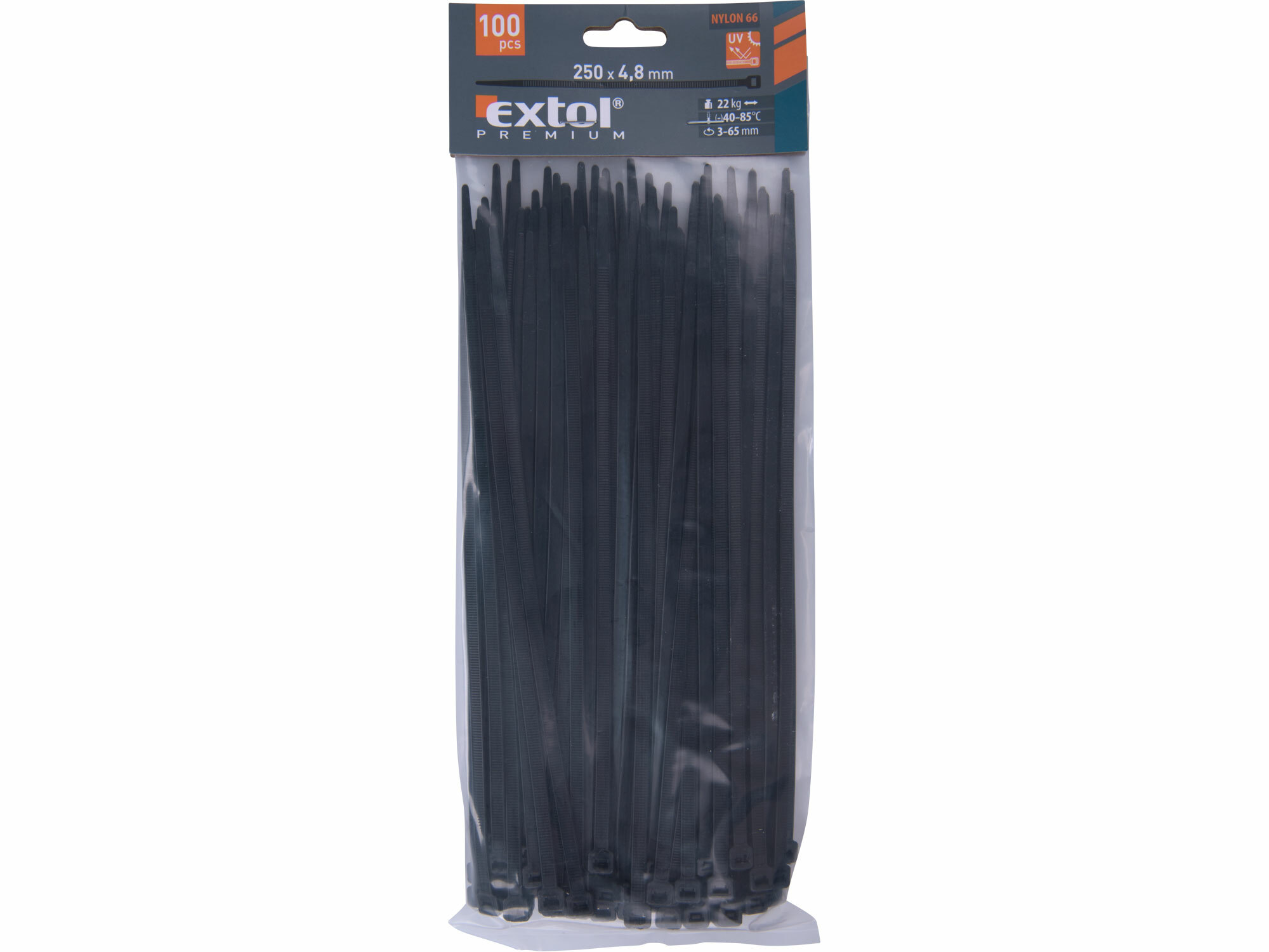 EXTOL PREMIUM 8856160 Pásky sťahovacie čierne, 4,8x250mm, 100ks, Ø65mm, 22kg