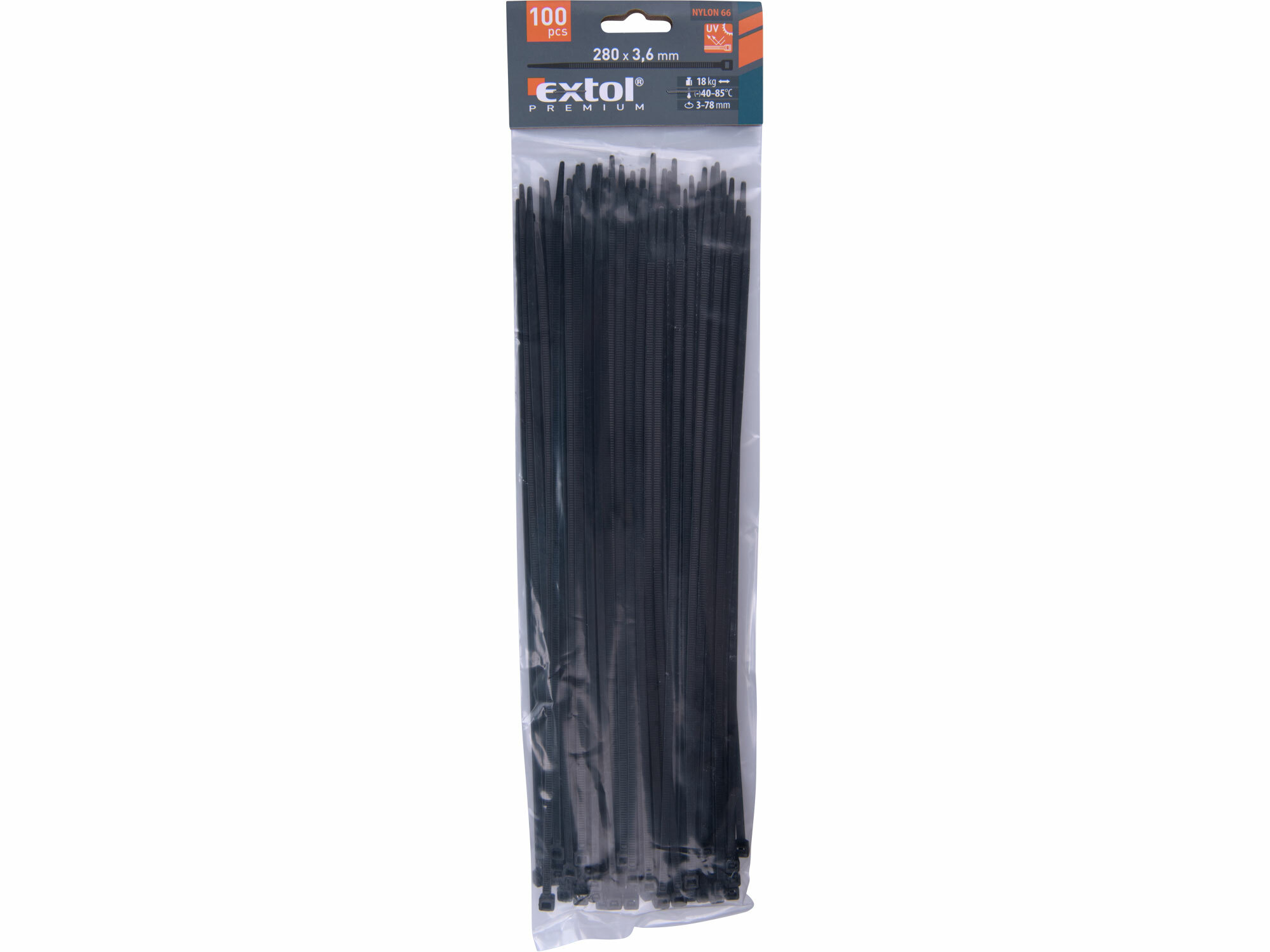 EXTOL PREMIUM 8856158 Pásky sťahovacie čierne, 3,6x280mm, 100ks, Ø70mm, 18kg