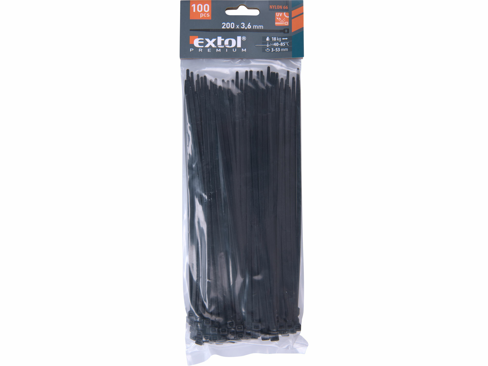 EXTOL PREMIUM 8856156 Pásky sťahovacie čierne, 3,6x200mm, 100ks, Ø50mm, 18kg