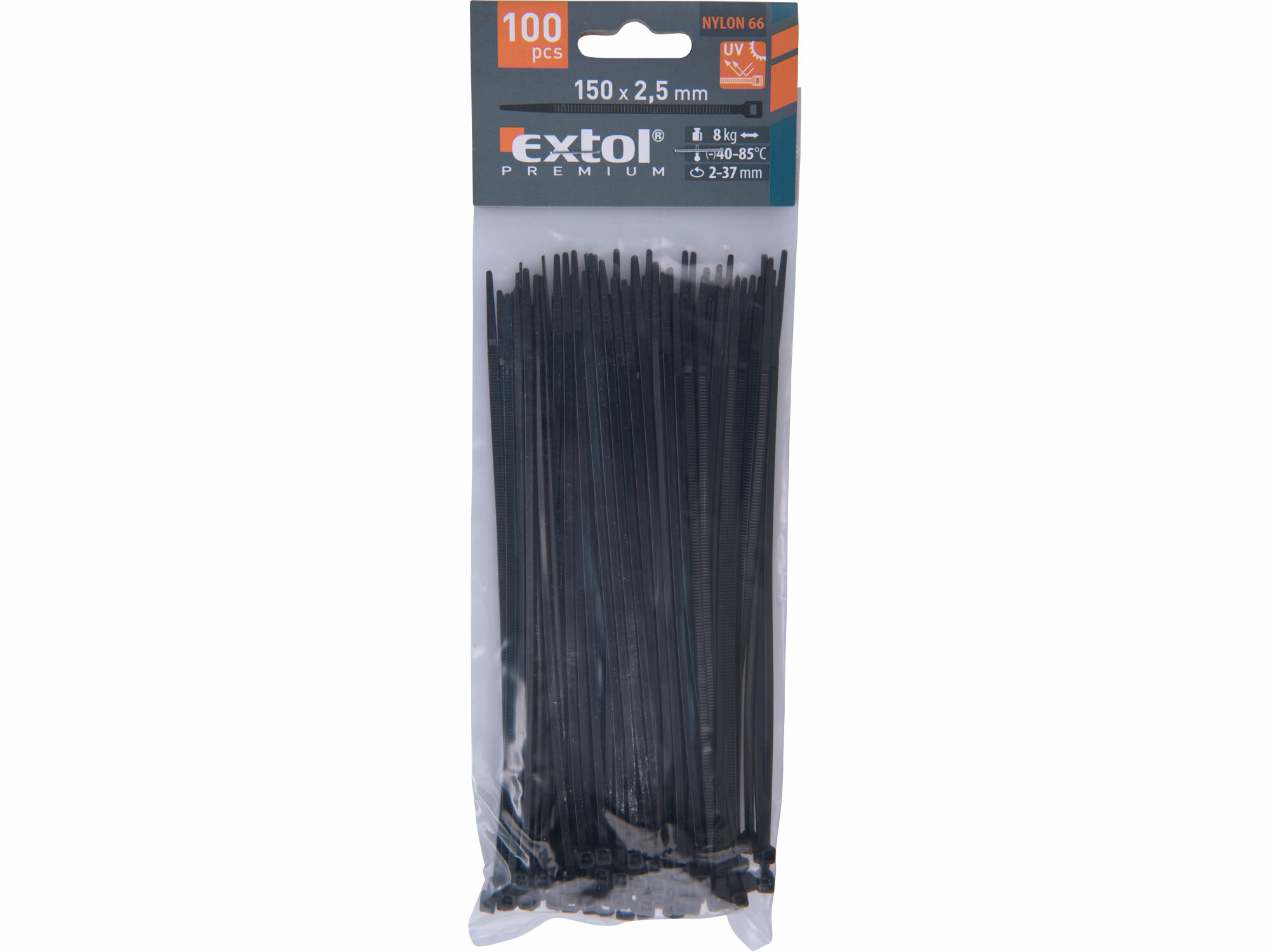 EXTOL PREMIUM 8856154 Pásky sťahovacie čierne, 2,5x150mm, 100ks, Ø35mm, 8kg