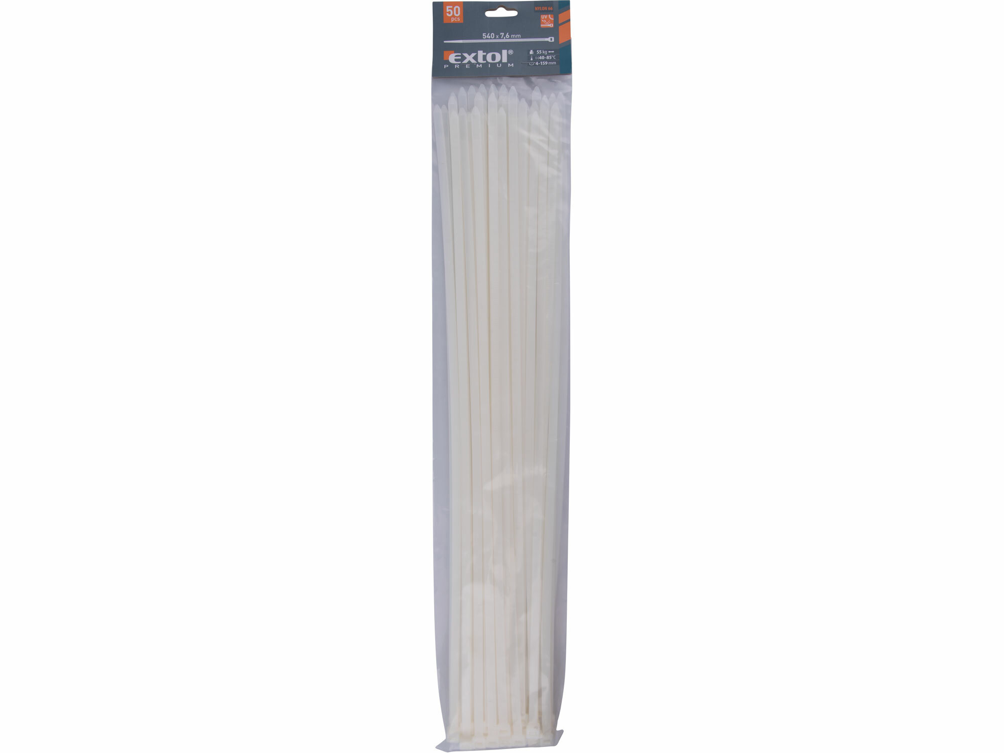 EXTOL PREMIUM 8856122 Pásky sťahovacie biele, 7,6x540mm, 50ks, Ø150mm, 55kg