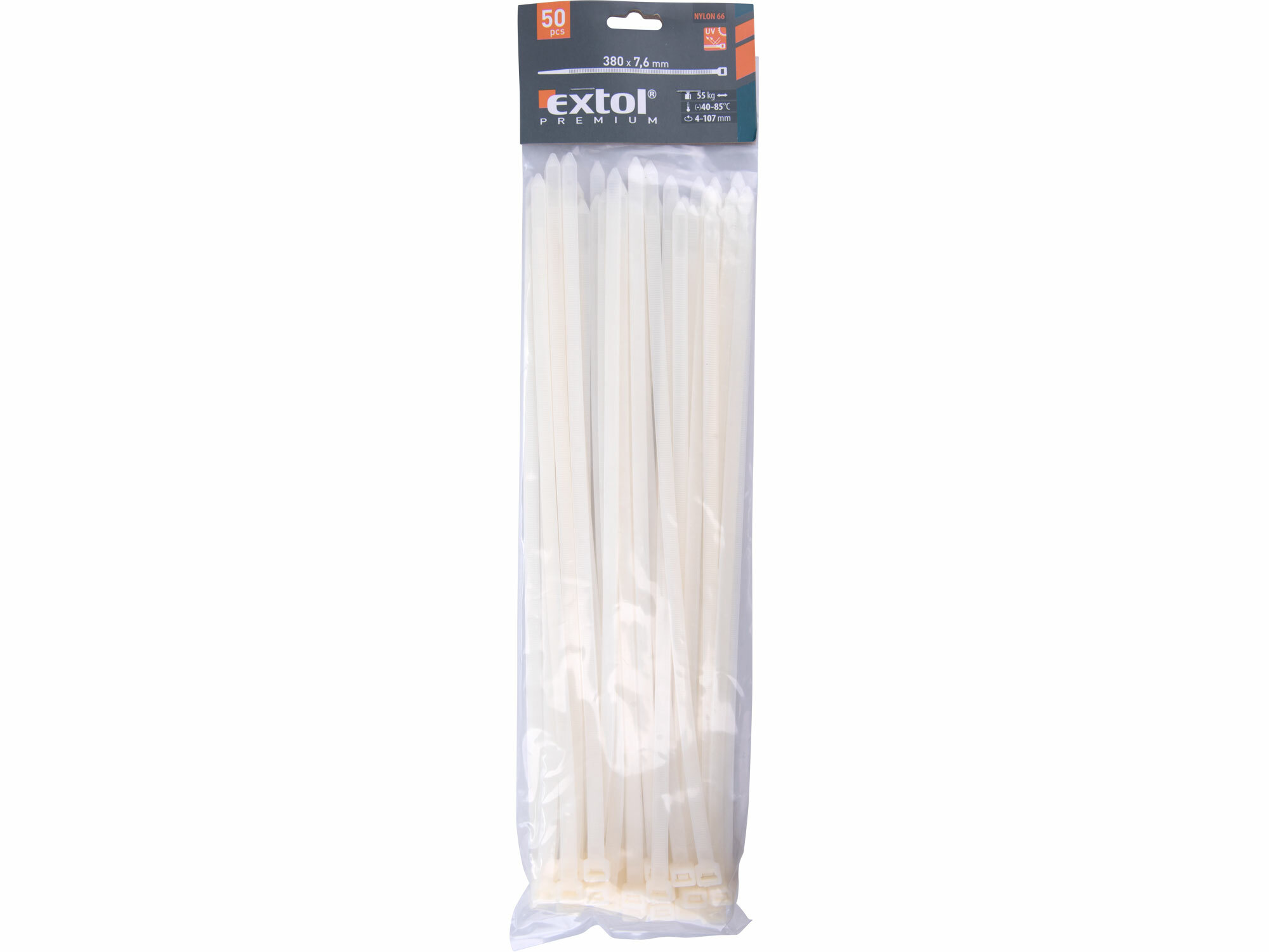 EXTOL PREMIUM 8856120 Pásky sťahovacie biele, 7,6x380mm, 50ks, Ø100mm, 55kg