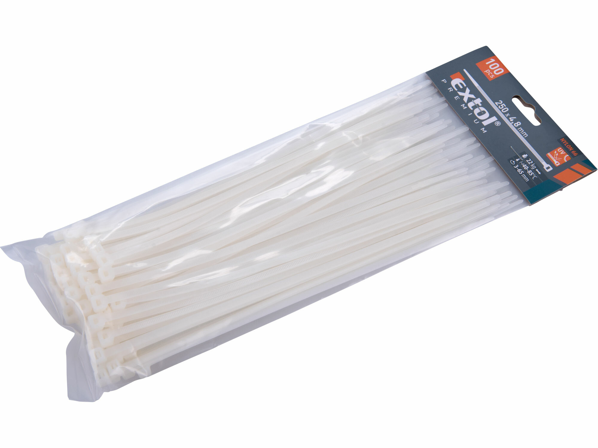 EXTOL PREMIUM 8856110 Pásky sťahovacie biele, 4,8x250mm, 100ks, Ø65mm, 22kg