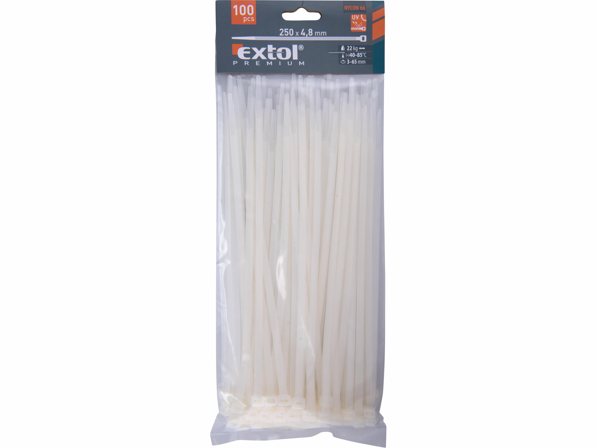EXTOL PREMIUM 8856110 Pásky sťahovacie biele, 4,8x250mm, 100ks, Ø65mm, 22kg