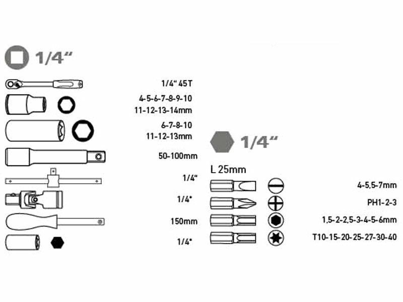 EXTOL PREMIUM 8818360 Sada nástrčných a zástrčných kľúčov, 1/4", 45ks