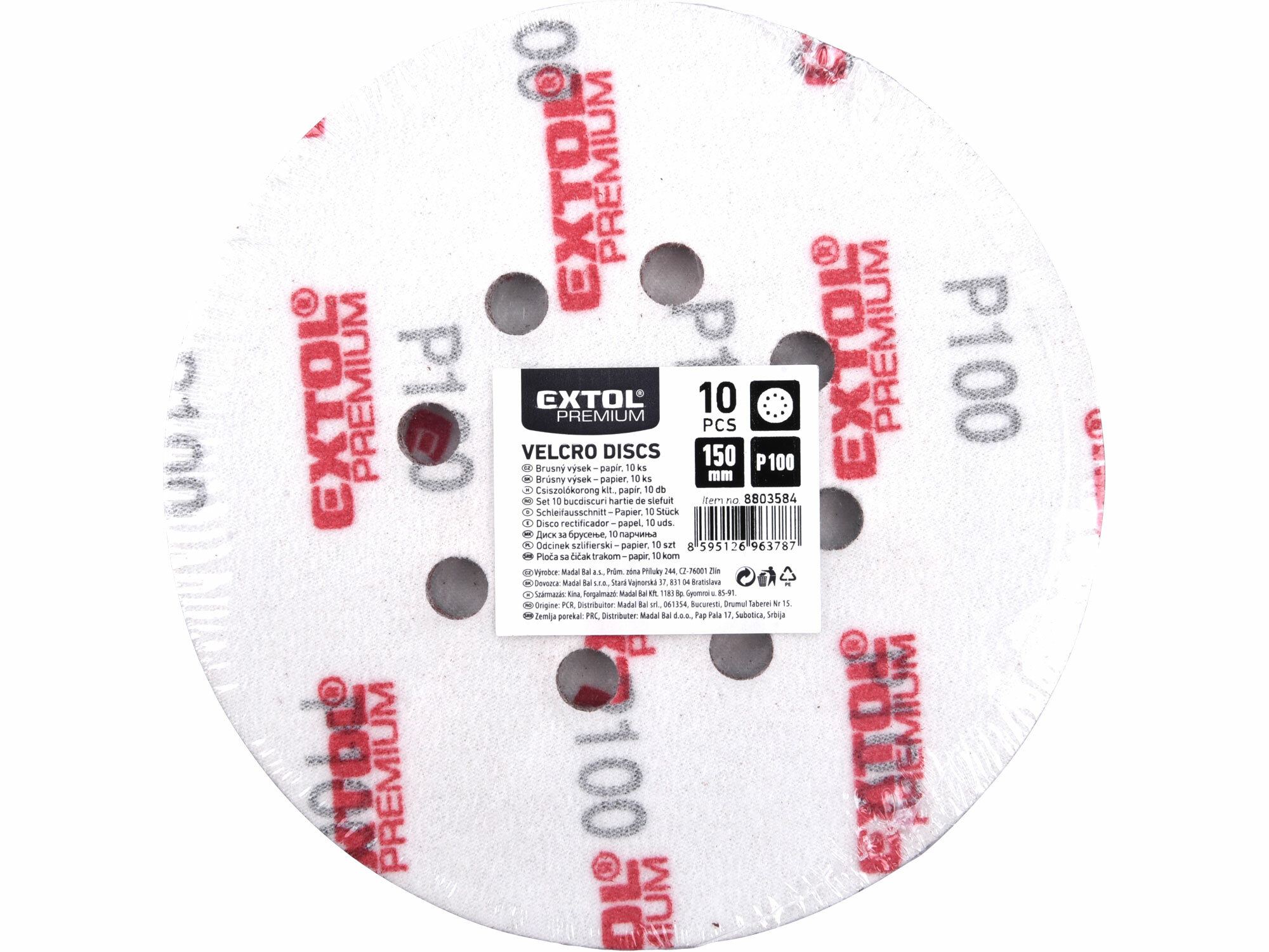 EXTOL PREMIUM 8803584 Papier brúsny na s. zips Ø150mm s otvormi, P100, 10ks