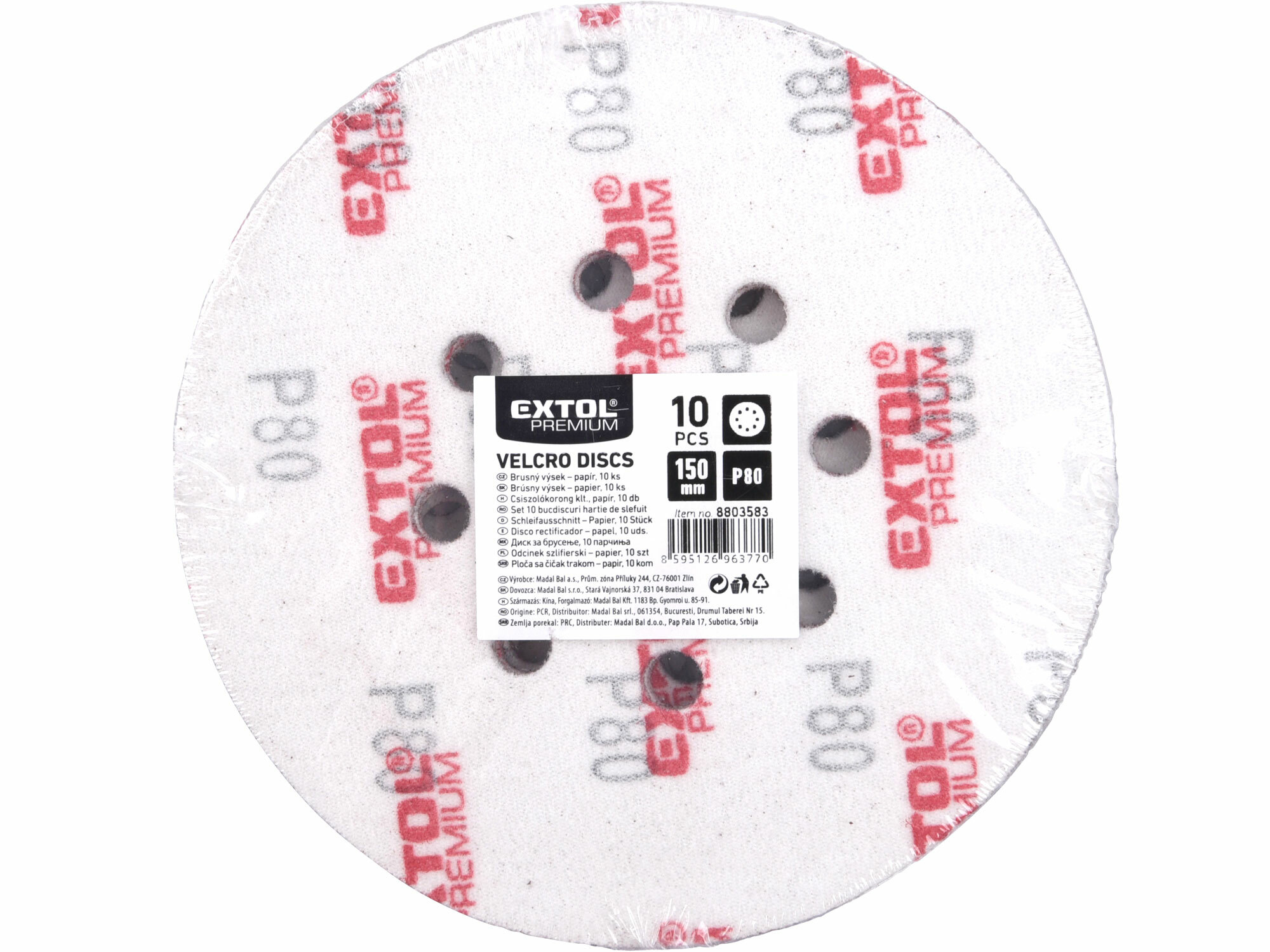 EXTOL PREMIUM 8803583 Papier brúsny na s. zips Ø150mm s otvormi, P80, 10ks
