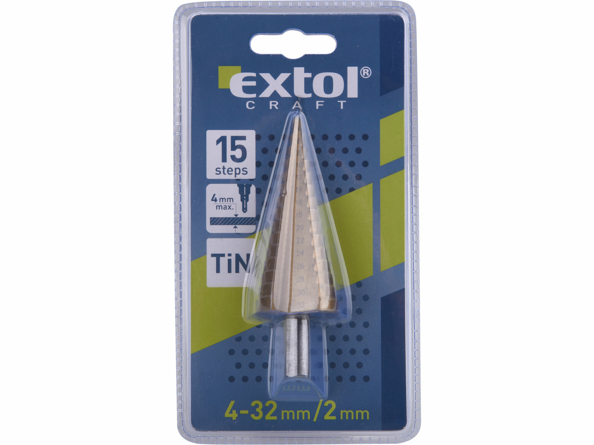 EXTOL CRAFT 20055 Vrták stupňovitý TiN, ø4-32mm, stupňovanie 2mm, 15 otvorov