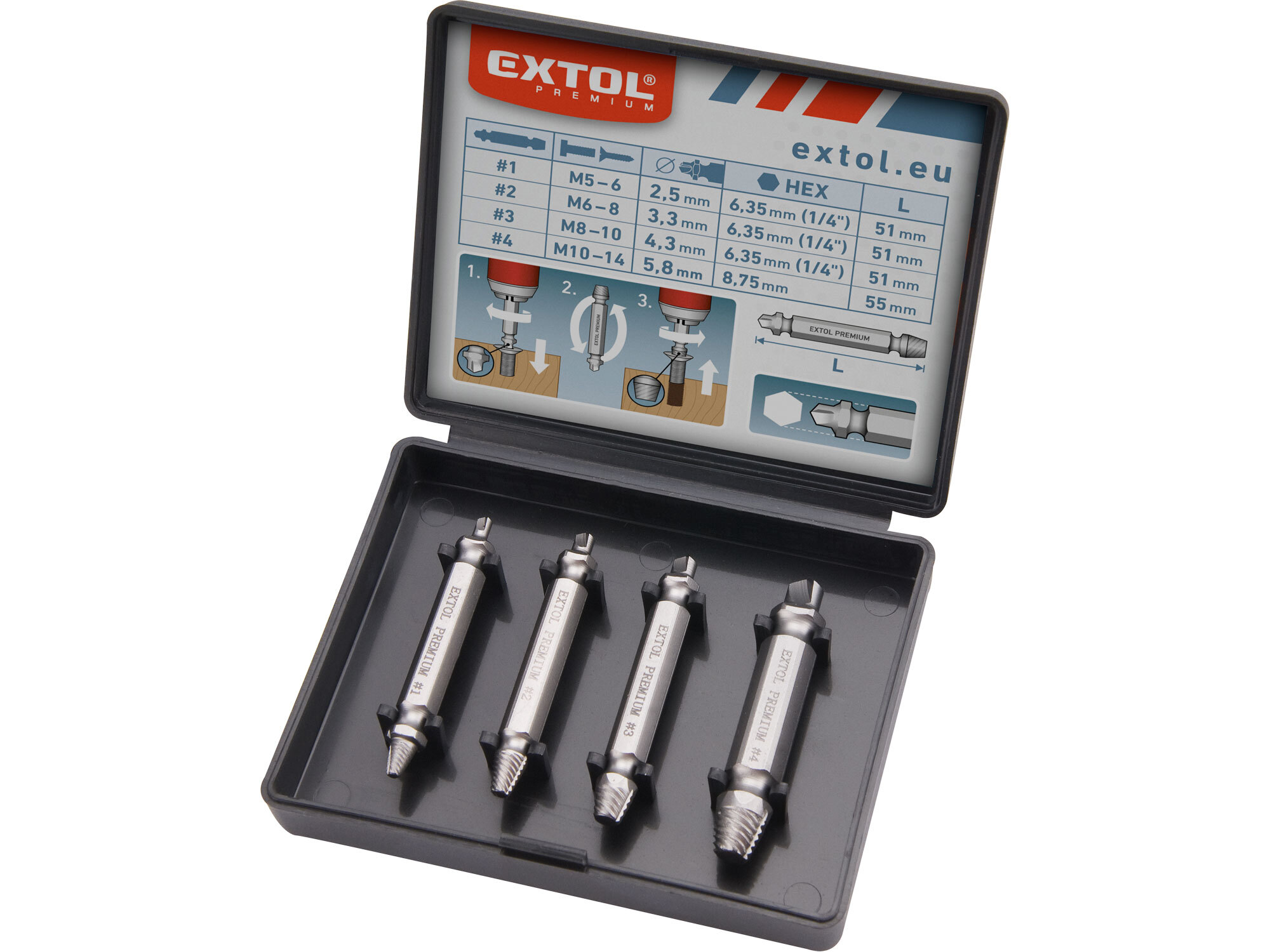 EXTOL PREMIUM 8801842 Vytahovače zalomených skrutiek, sada 4ks, M5-M14, HSS