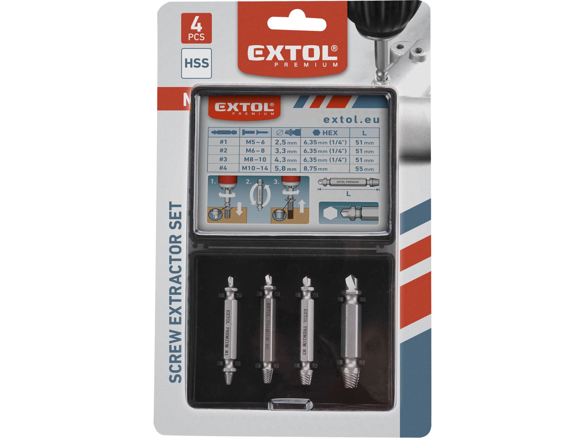 EXTOL PREMIUM 8801842 Vytahovače zalomených skrutiek, sada 4ks, M5-M14, HSS