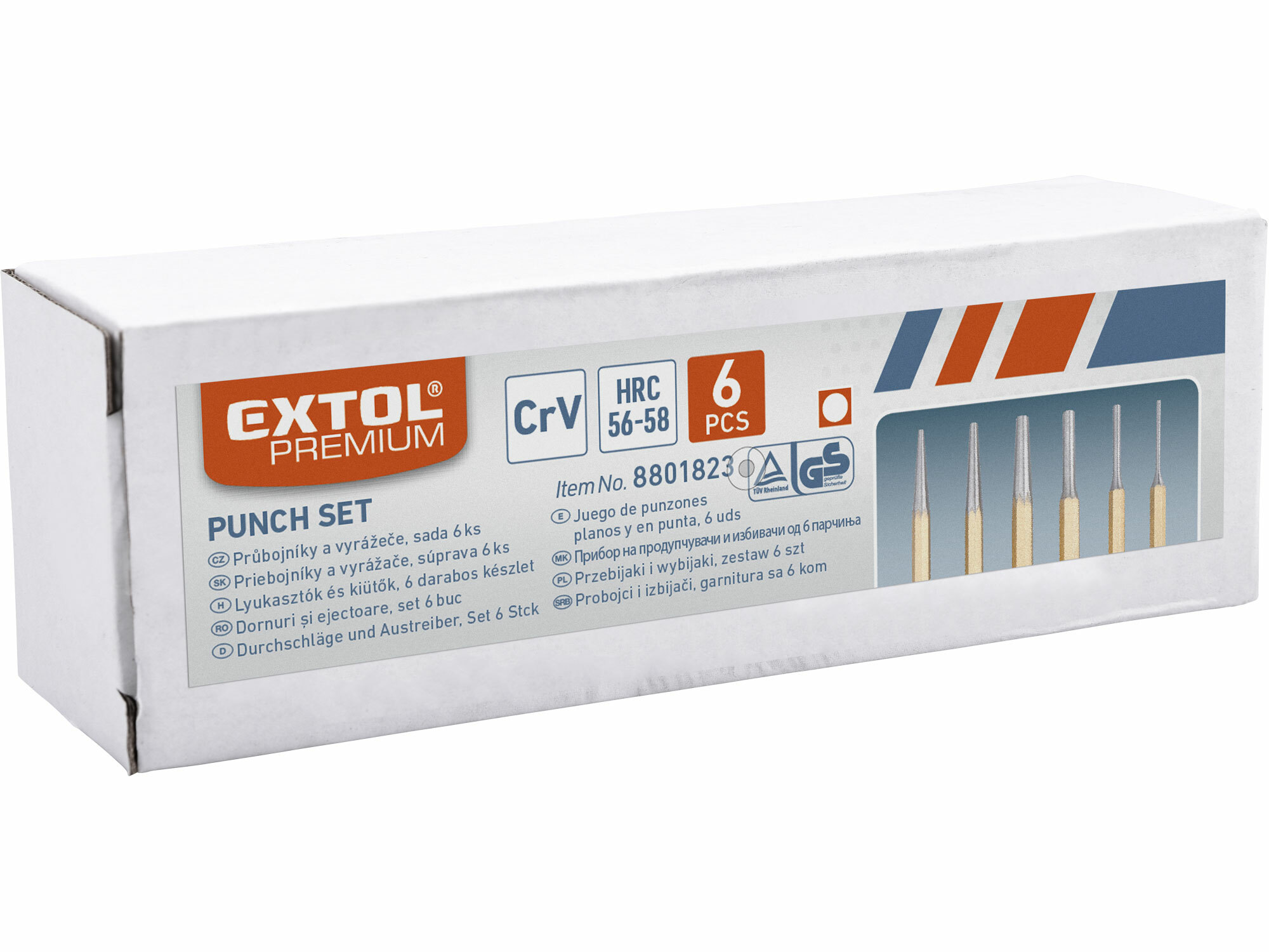 EXTOL PREMIUM 8801823 Priebojníky a vyrážače závlačiek, 6-dielna sada, plechové puzdro