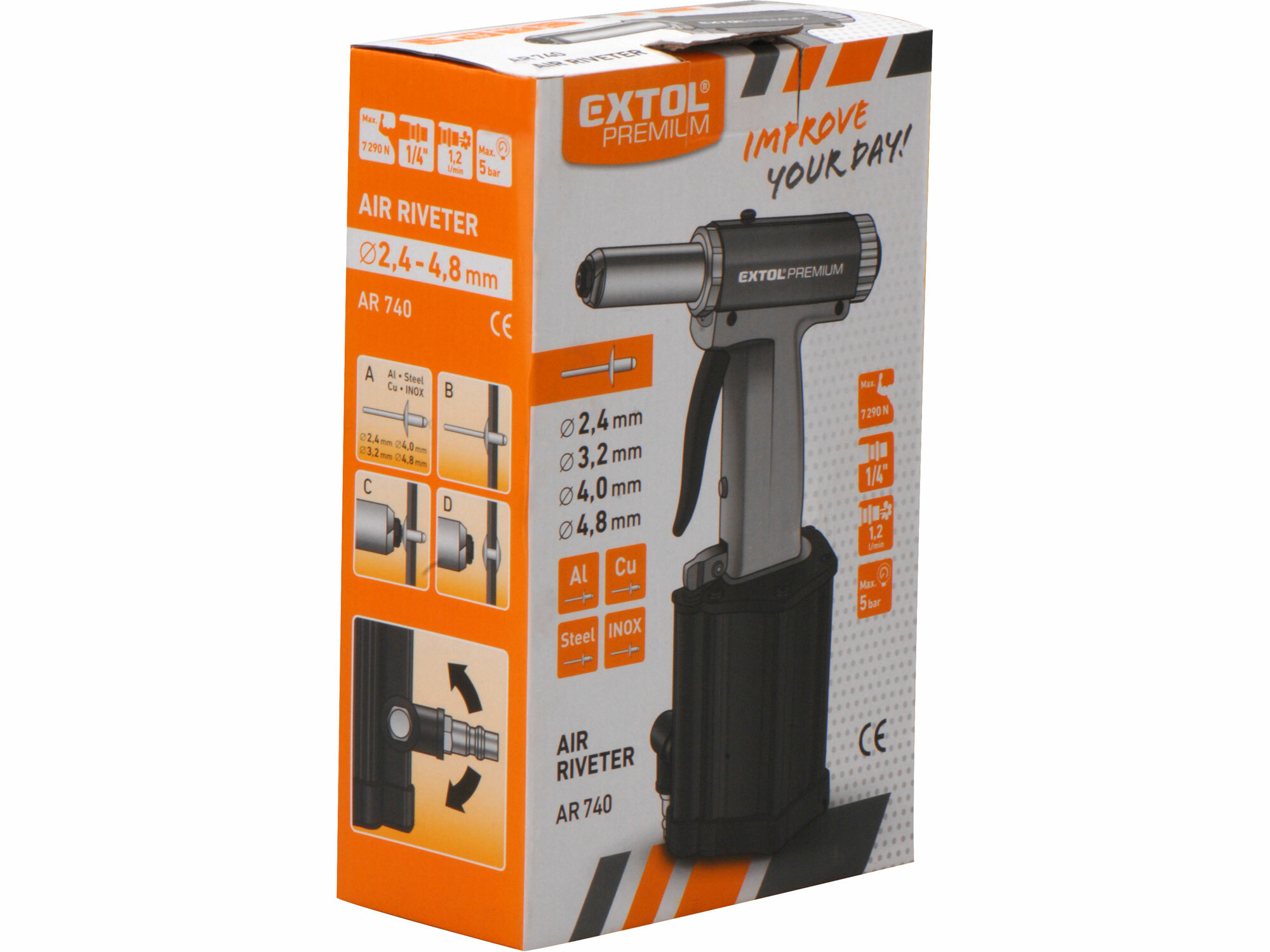 EXTOL PREMIUM 8865070 Nitovacia pneumatická pištoľ, 7290N, 2,4-4,8mm