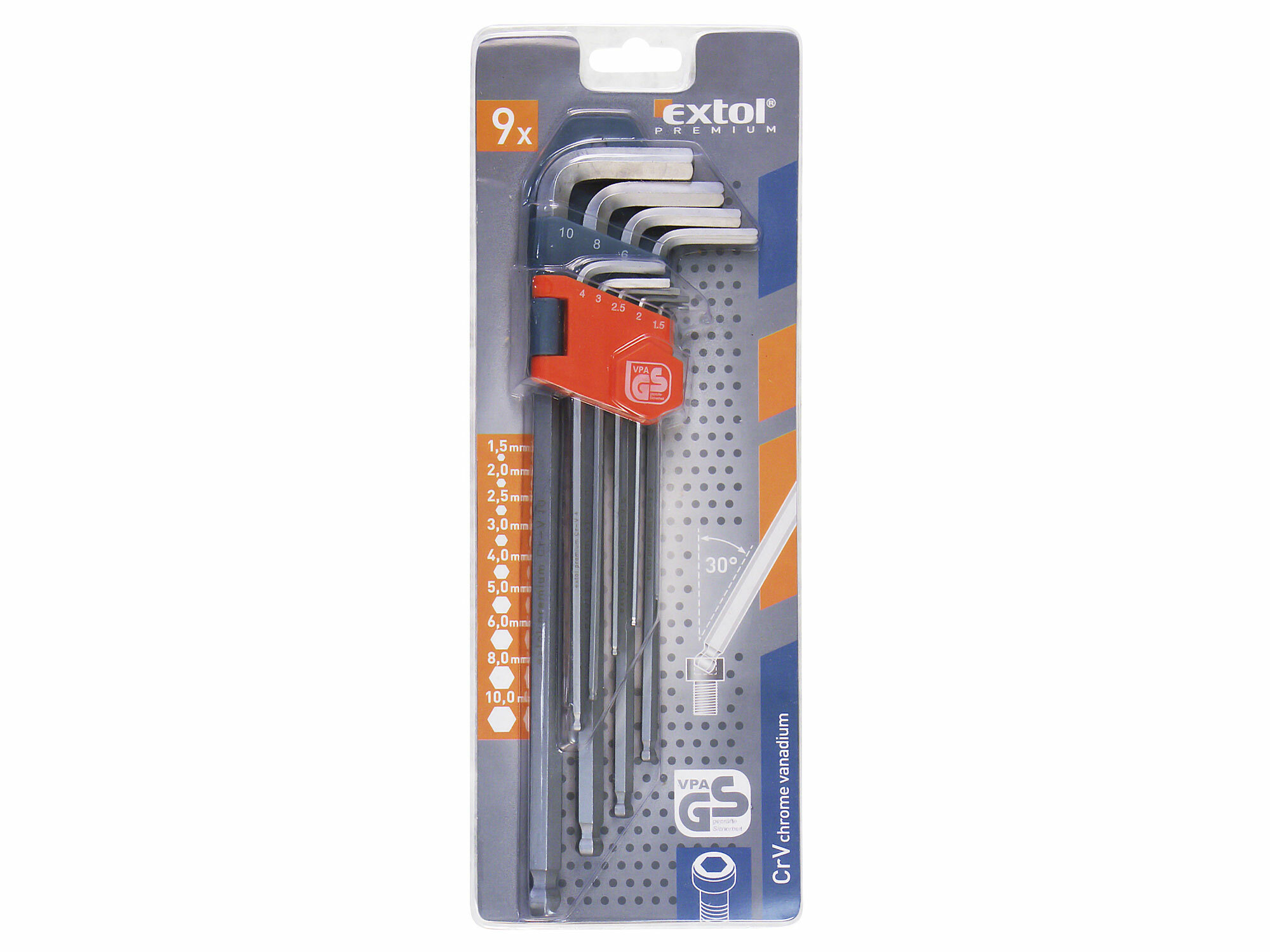 EXTOL PREMIUM 8819312 Kľúče imbusové s guľôčkou predĺžené, 9-dielna sada, 1,5-10mm, CrV