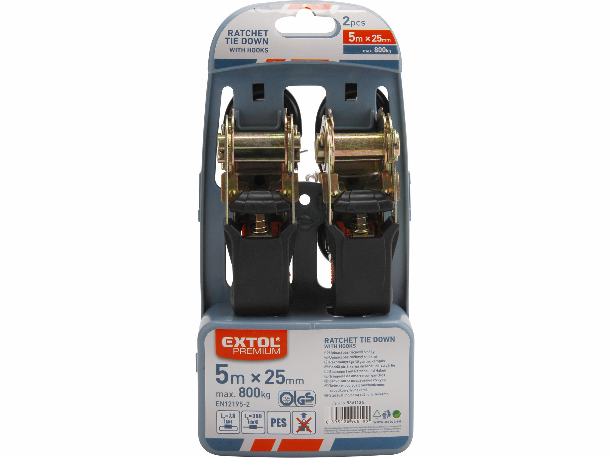 EXTOL PREMIUM 8861136 Pás sťahovací "gurtňa" s 2 hákmi, 5m x 25mm, sada 2ks, max. 800kg, GS