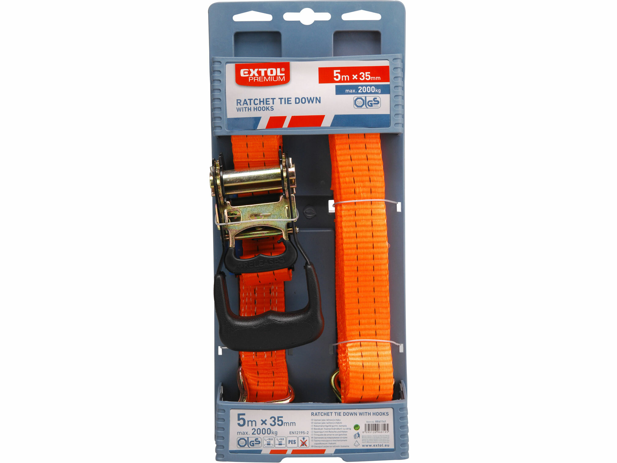 EXTOL PREMIUM 8861141 Pás sťahovací "gurtňa" s 2 hákmi, 5m x 35mm, max. 2000kg, GS