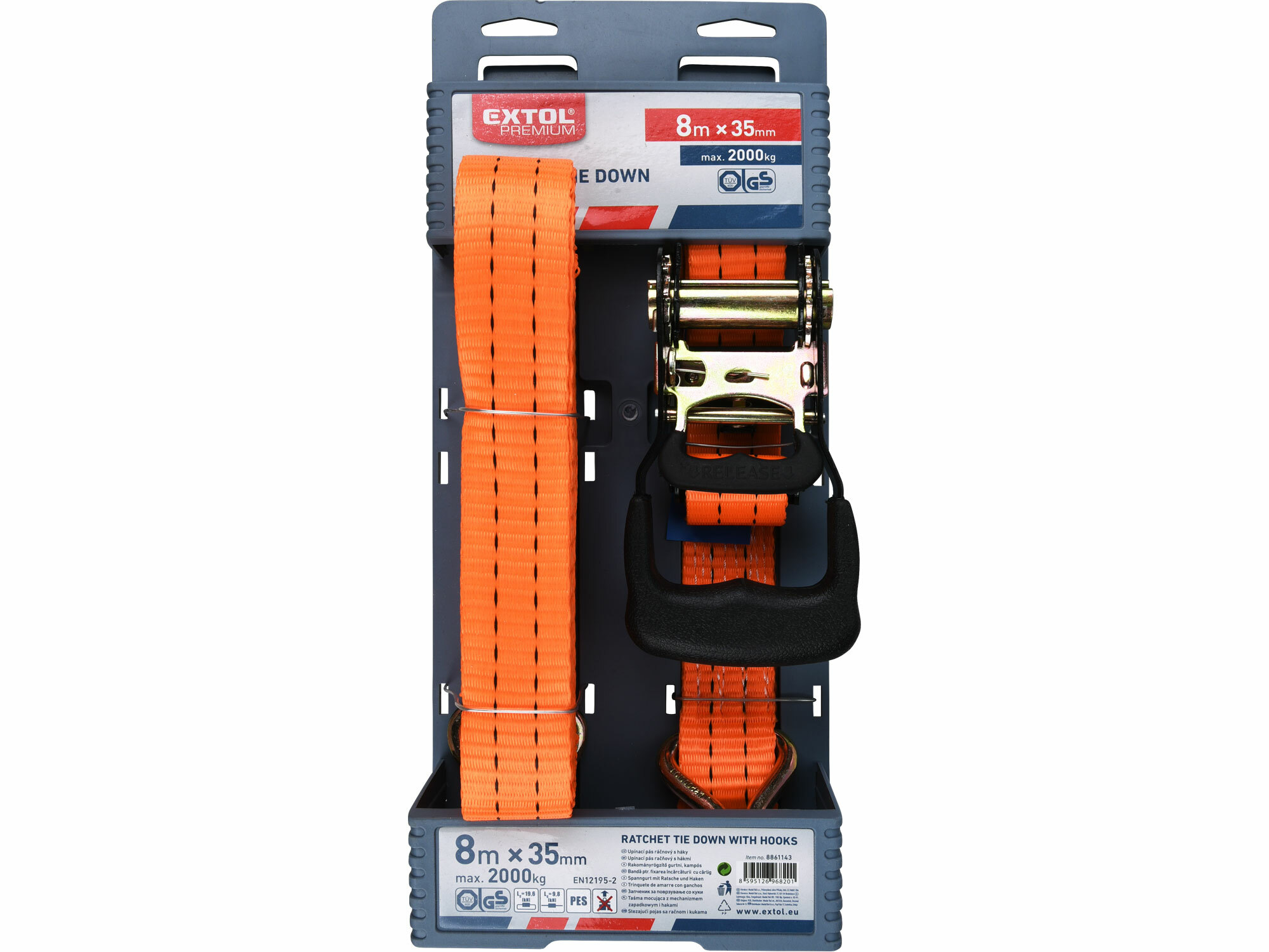 EXTOL PREMIUM 8861143 Pás sťahovací "gurtňa" s 2 hákmi, 8m x 35mm, max. 2000kg, GS