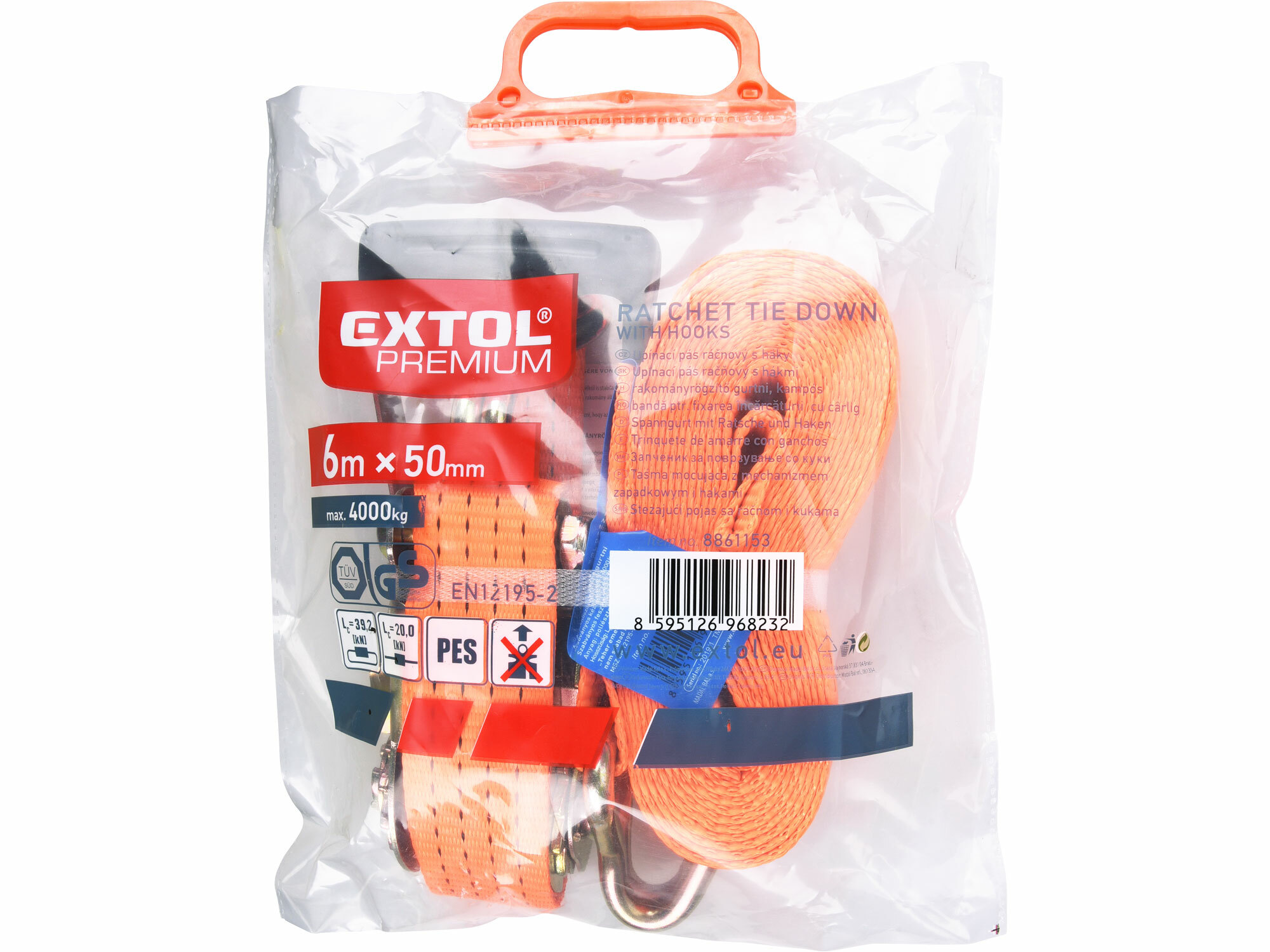 EXTOL PREMIUM 8861153 Pás sťahovací "gurtňa" s 2 hákmi, 6m x 50mm, max. 4000kg, GS