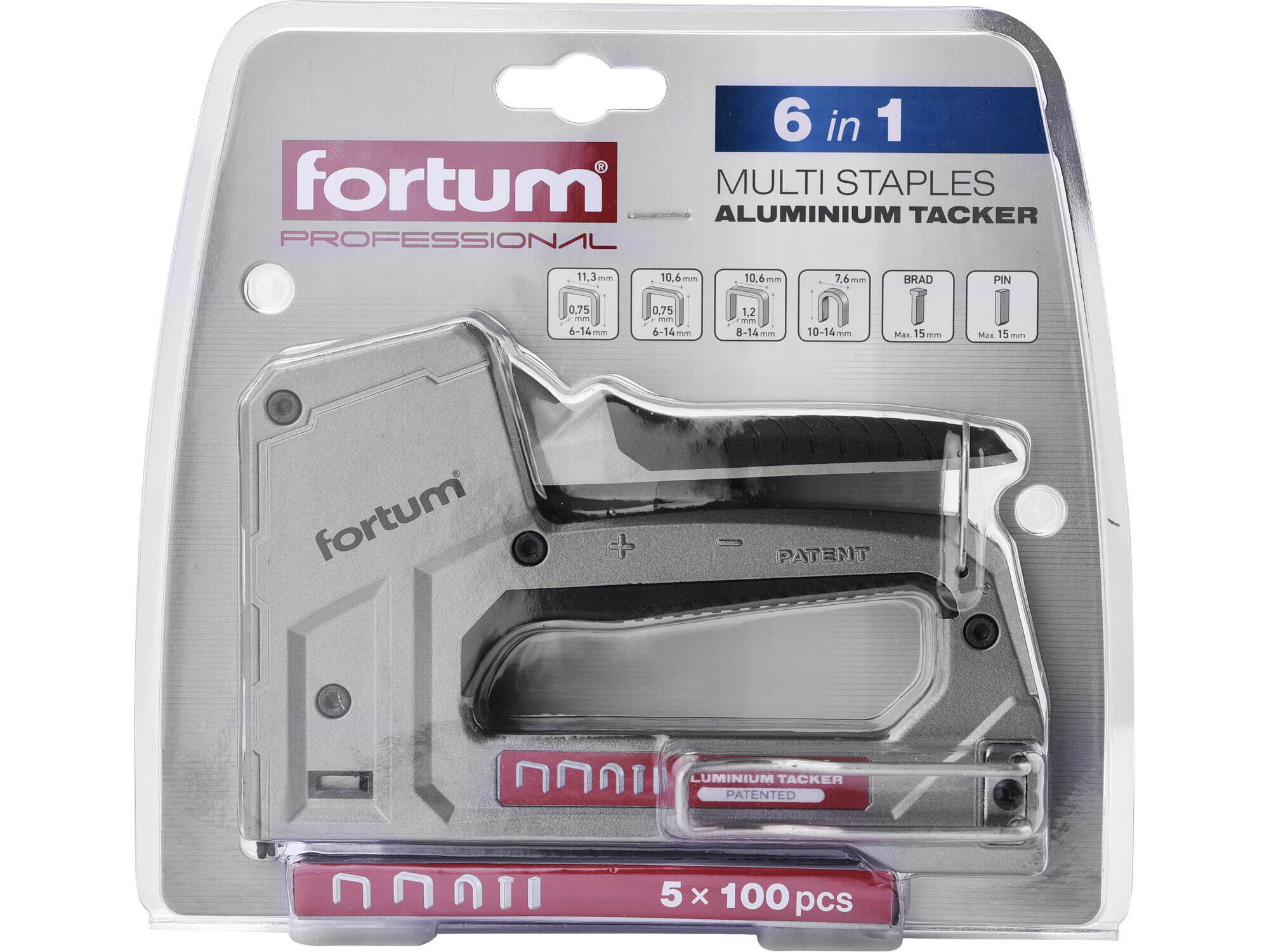 FORTUM 4770704 Pištoľ sponkovacia 6-funkčná, pre spony, káblové spony, klince a ihly