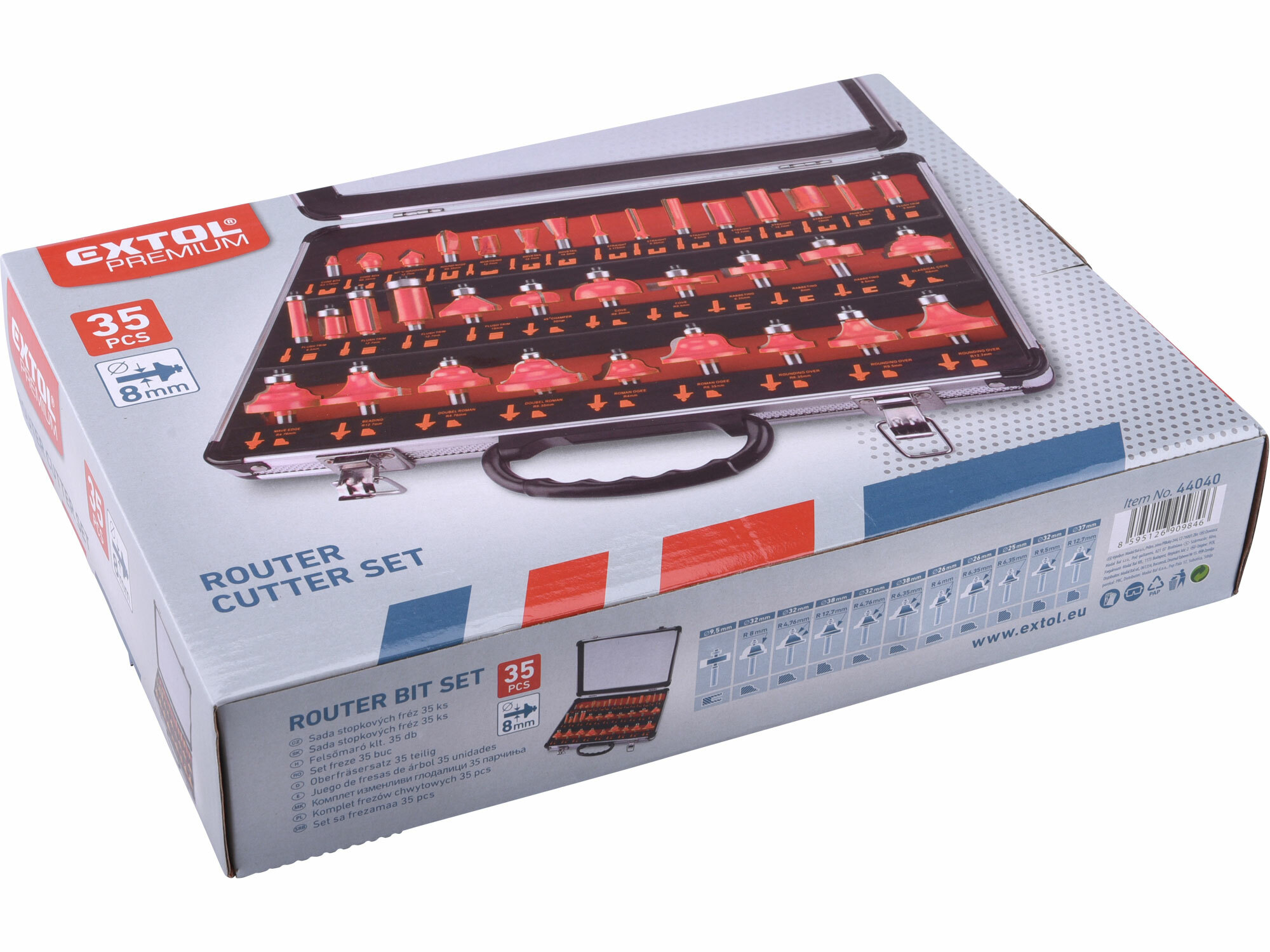 EXTOL PREMIUM 44040 Profilové frézy HSS s SK plátkami, 35-dielna sada, hliníkový kufor
