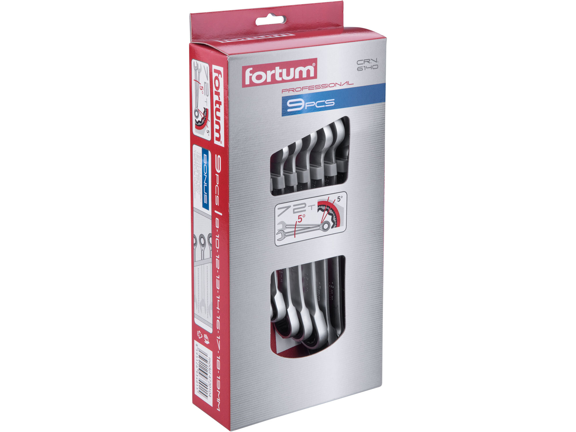 FORTUM 4720104 Kľúče očko-vidlicové, račňové, 72 zubov, 9-dielna sada, 8-19mm