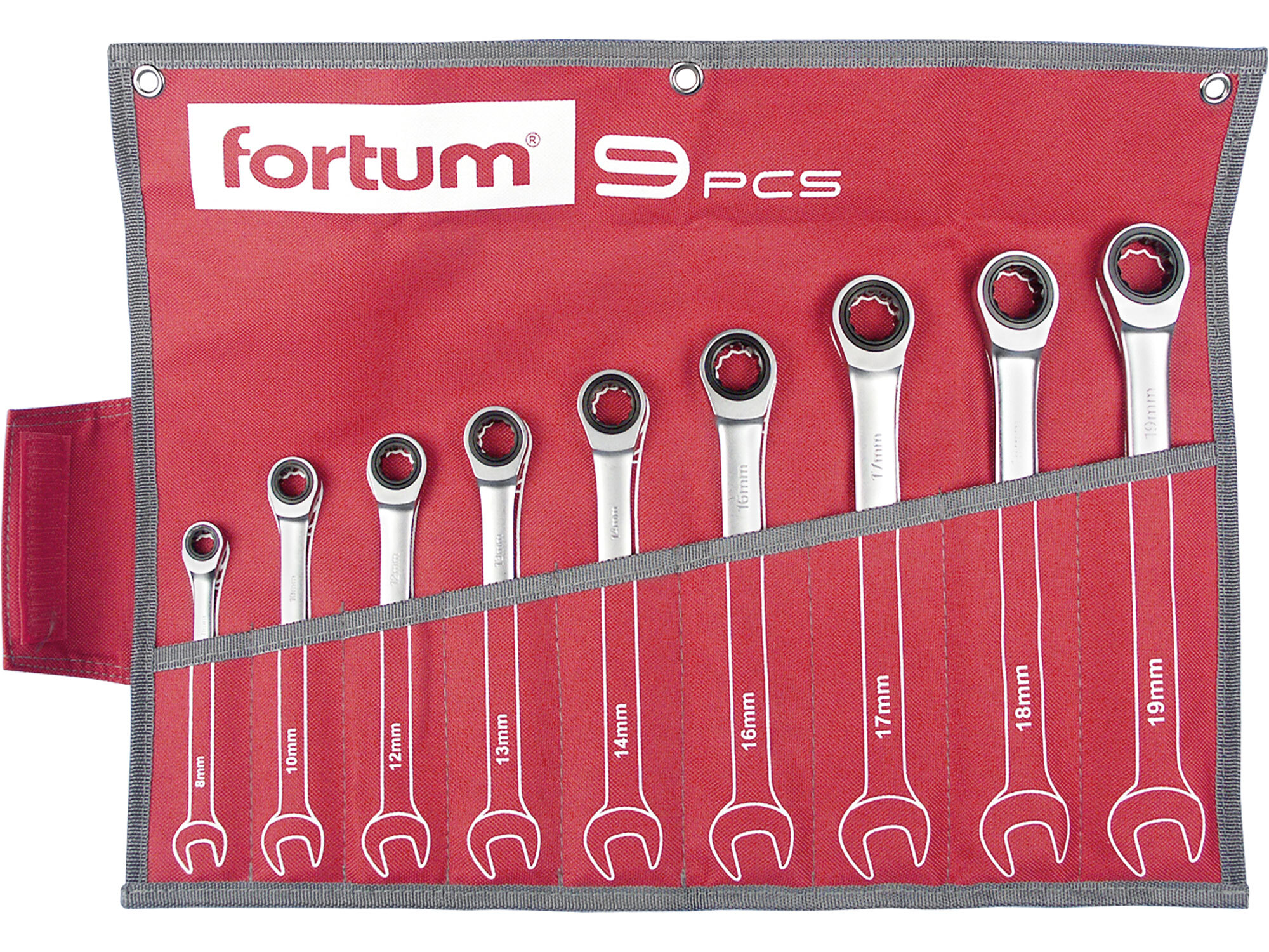 FORTUM 4720104 Kľúče očko-vidlicové, račňové, 72 zubov, 9-dielna sada, 8-19mm