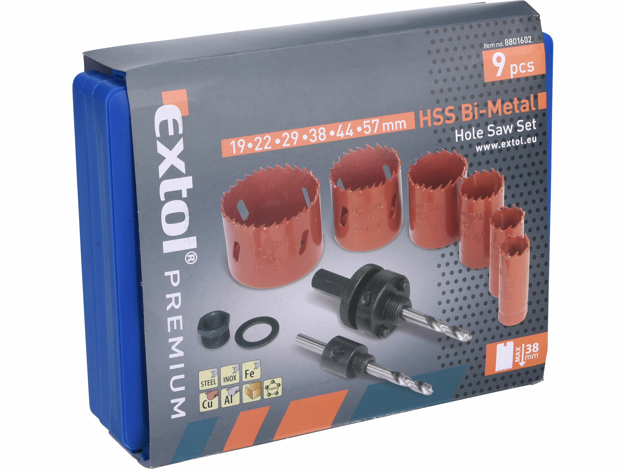 EXTOL PREMIUM 8801602 Vrtáky korunkové inštalatérska sada Bi-metal/HSS, 9-dielna sada, kufor