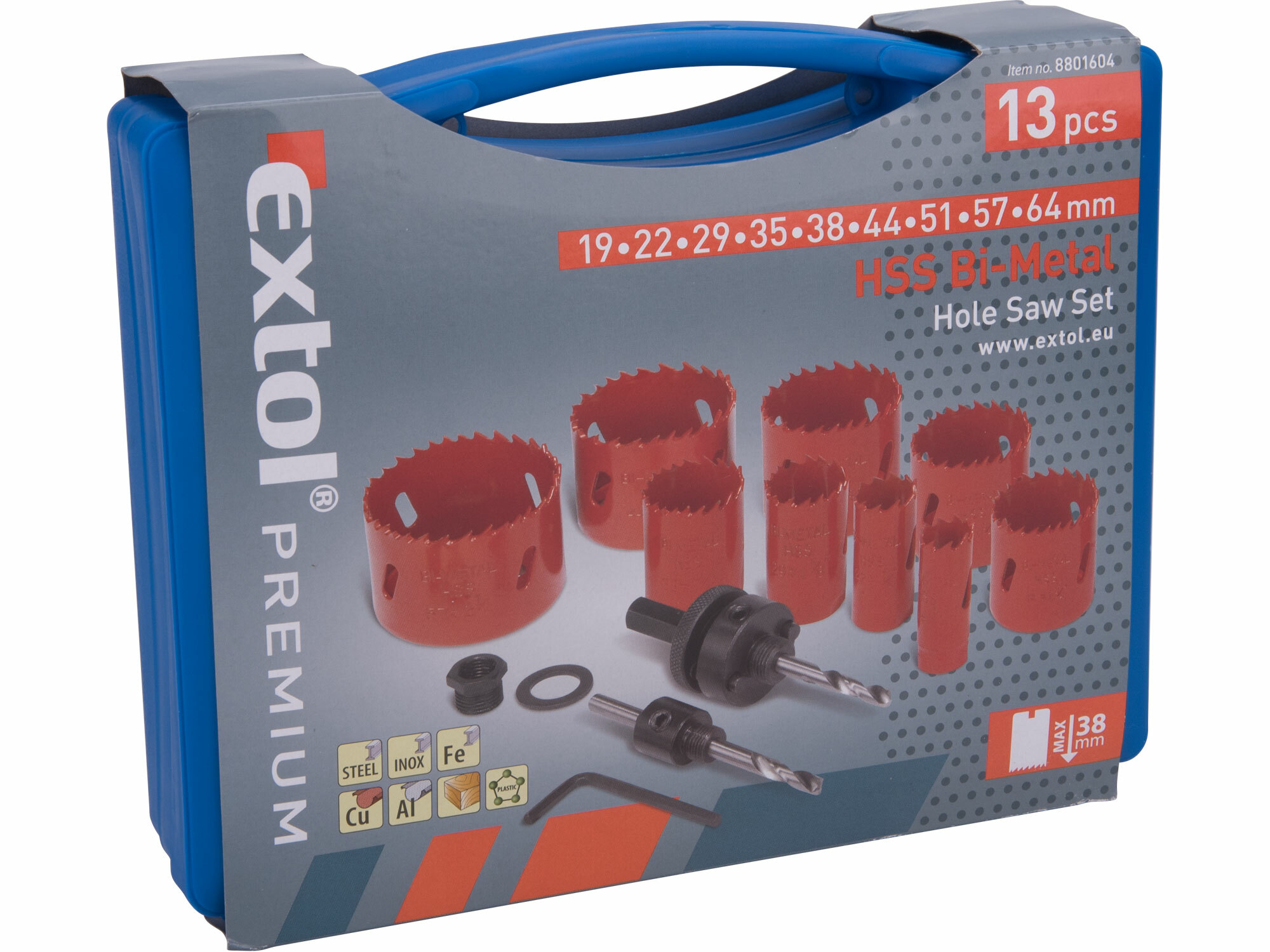 EXTOL PREMIUM 8801604 Vrtáky korunkové univerzálna sada Bi-metal/HSS, 13-dielna sada, kufor