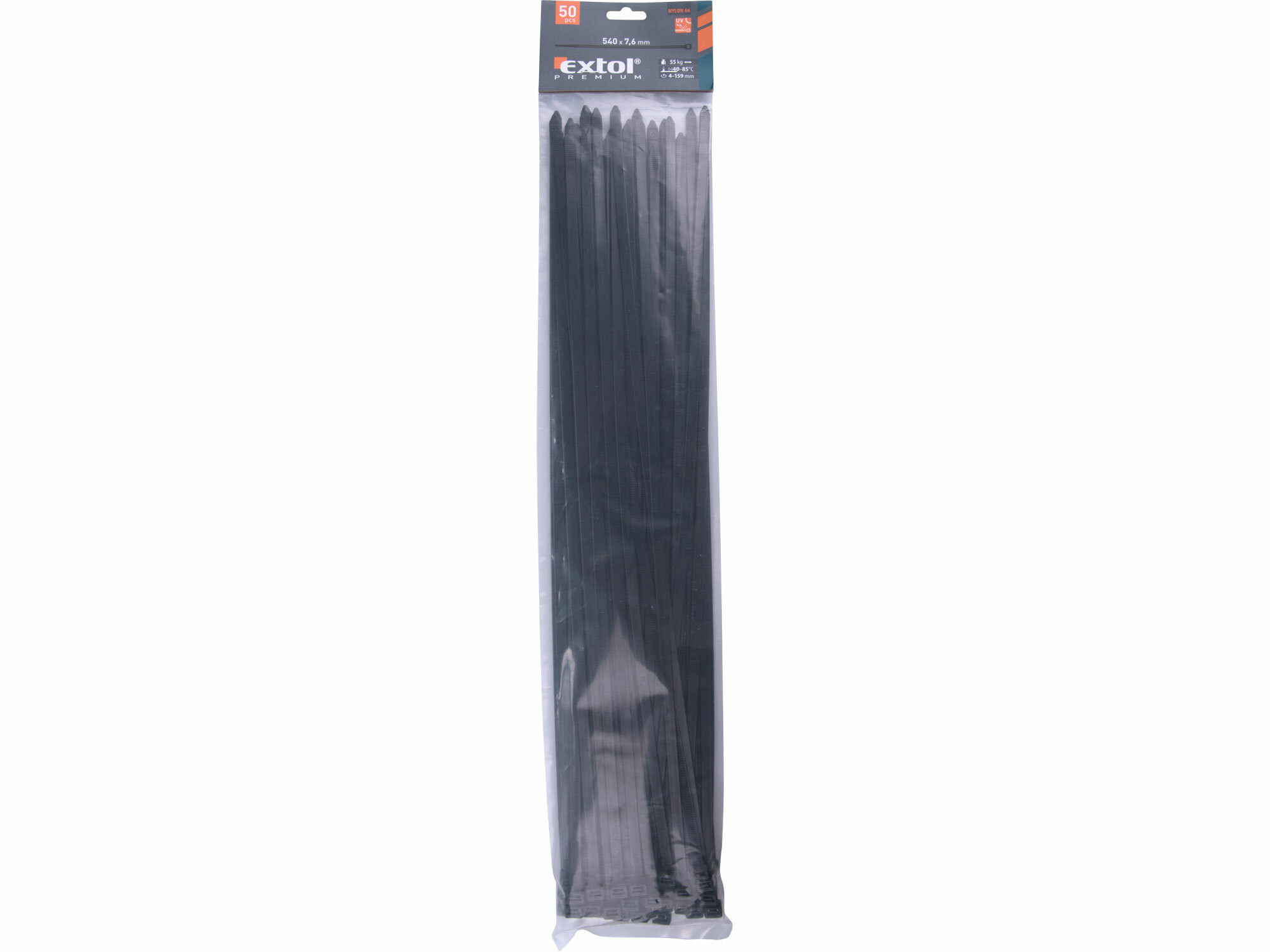 EXTOL PREMIUM 8856172 Pásky sťahovacie čierne, 7,6x540mm, 50ks, Ø150mm, 55kg