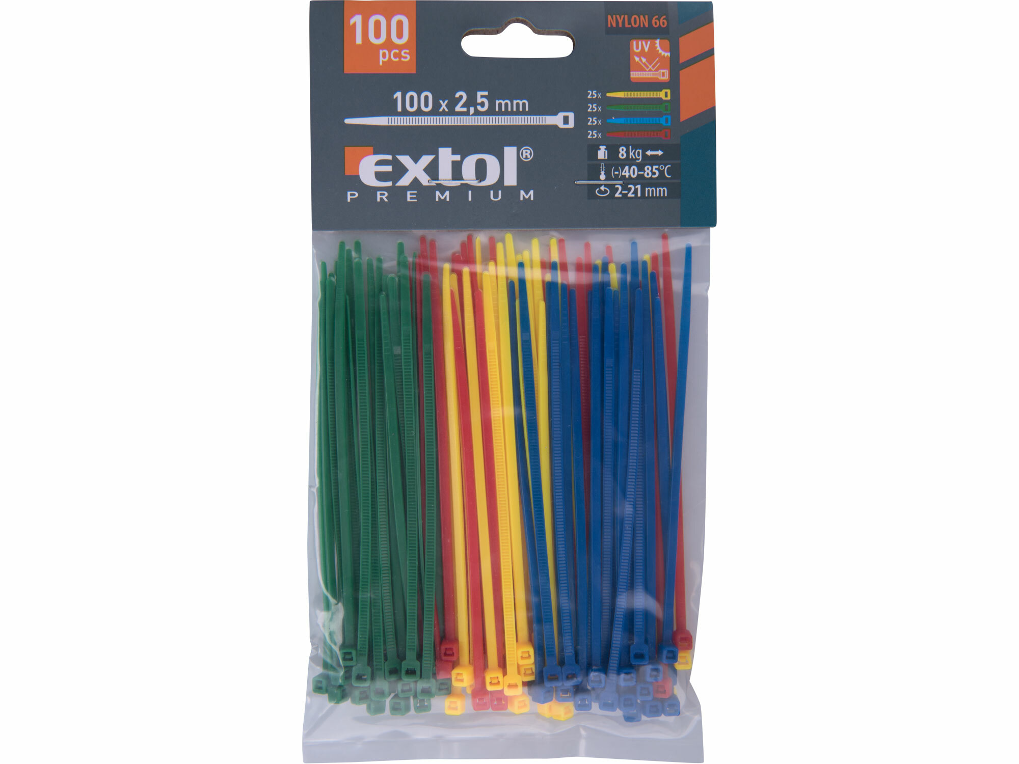 EXTOL PREMIUM 8856192 Pásky sťahovacie farebné 2,5x100mm, 100ks, Ø22mm, 8kg