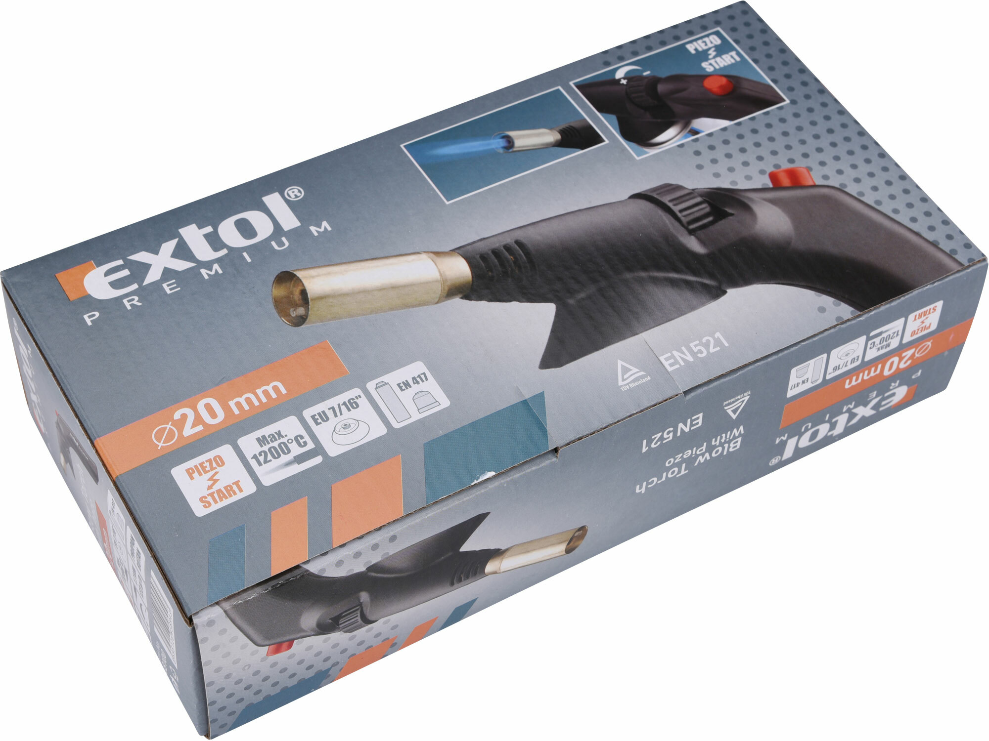 EXTOL PREMIUM 8848100 Horák s piezo zapaľovaním, pre plynové kartuše s EU závitom 7/16", priemer dýzy horáku 20mm, výkon 1,7 kWh, spotreba 123g/h