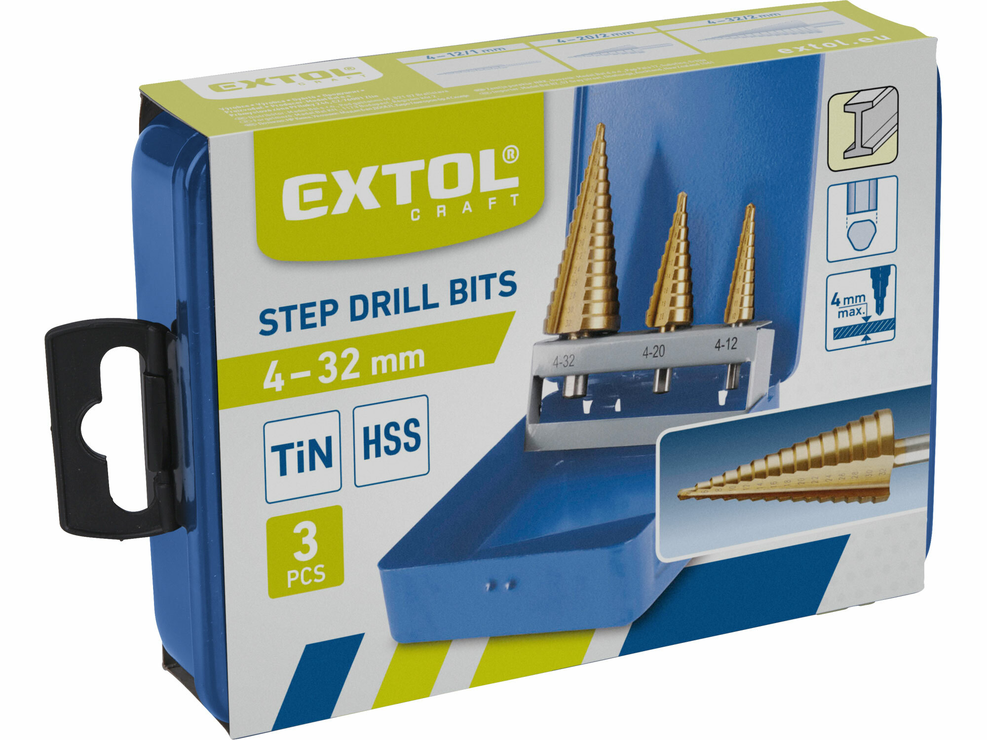 EXTOL CRAFT 20090 Vrtáky stupňovité TiN, sada 3ks, ø4-12/1mm, ø4-20/2mm, ø4-32/2mm