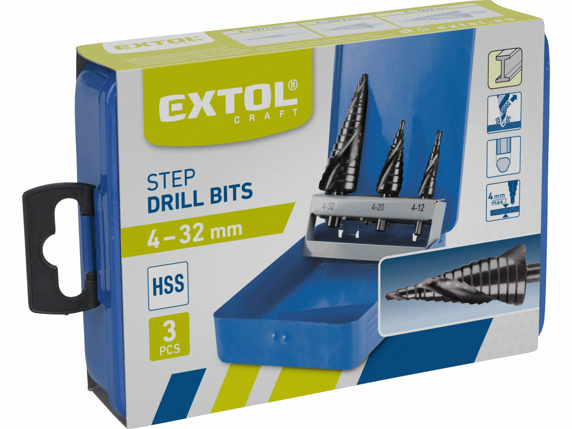 EXTOL CRAFT 20092 Vrtáky stupňovité, sada 3ks, ø4-12/1mm, ø4-20/2mm, ø4-32/2mm